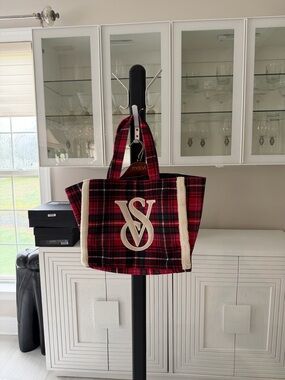 Victoria's Secret Red Plaid Tote with Cream Sherpa Trim